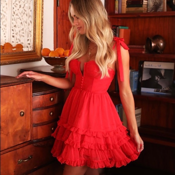 Red ruffled tie strap mini dress - Picture 2 of 10